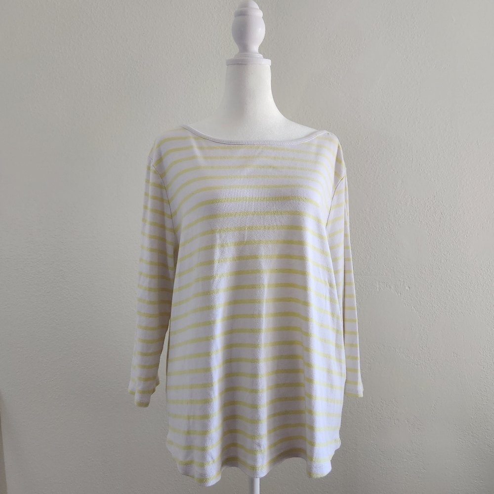 Chico's Shirt Womens Extra Large WhiteStriped Long Sleeve Boat Neck Cotton Tee